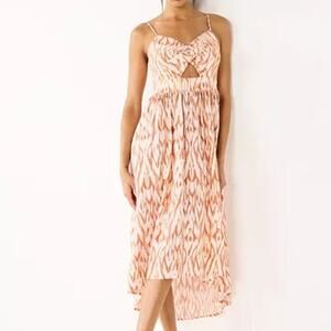 New Nine West Ikat Orange Twist Front High Low Midi Dress
